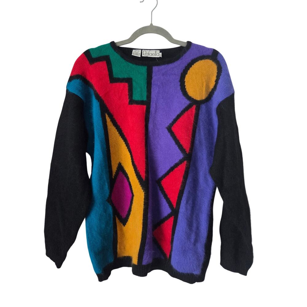 Vintage 80s Rafaella Angora Rabbit Lambswool Geometric Abstract Sweater Large